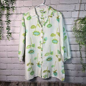 HOT COTTON 100% LINEN BUTTON DOWN TOP WHITE WITH BLUE AND GREEN FLORAL WOMENS XL